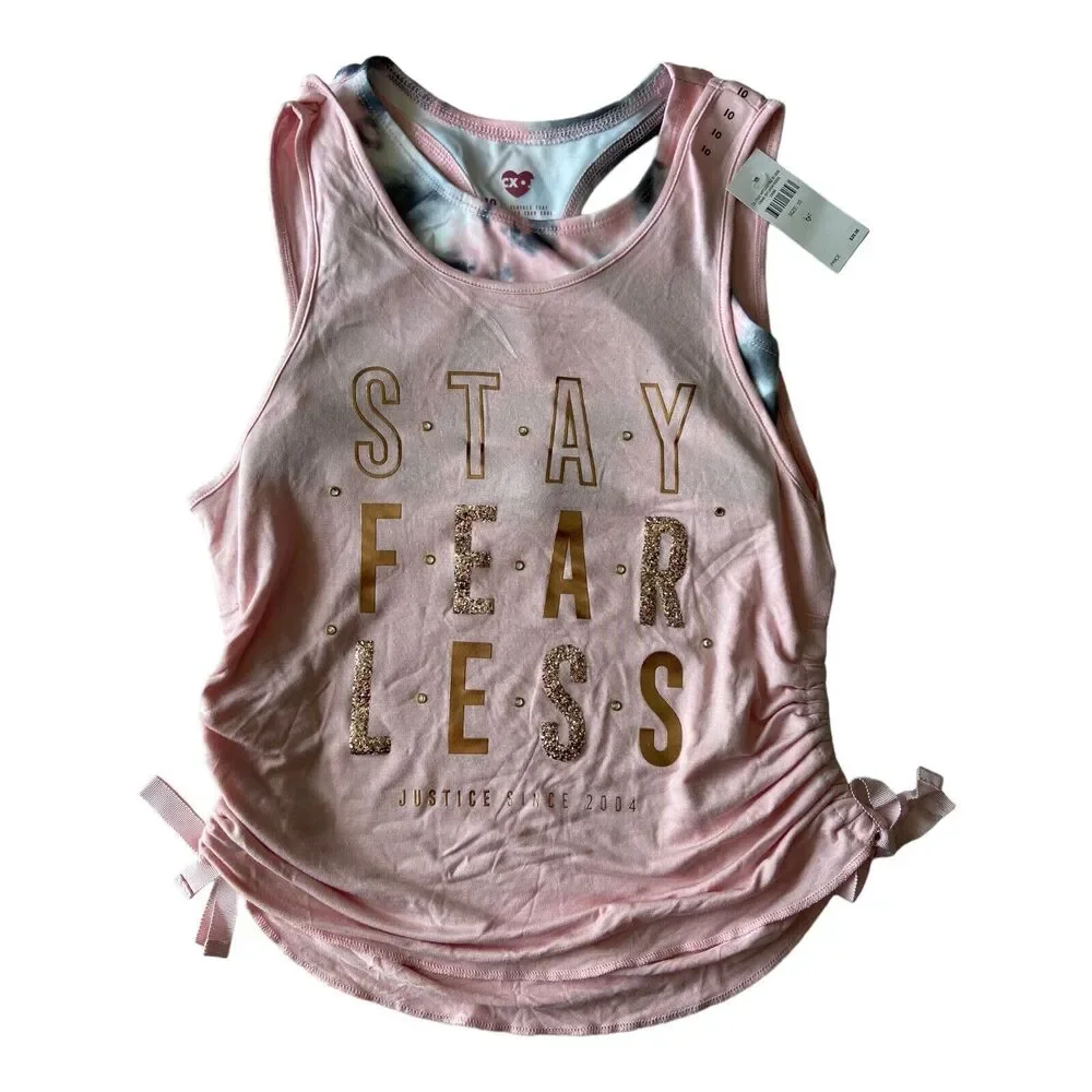 Justice Sport CX.J Girl 2Fer Tank Top & Sport Bra Set Size 10 Pink Stay Fearless